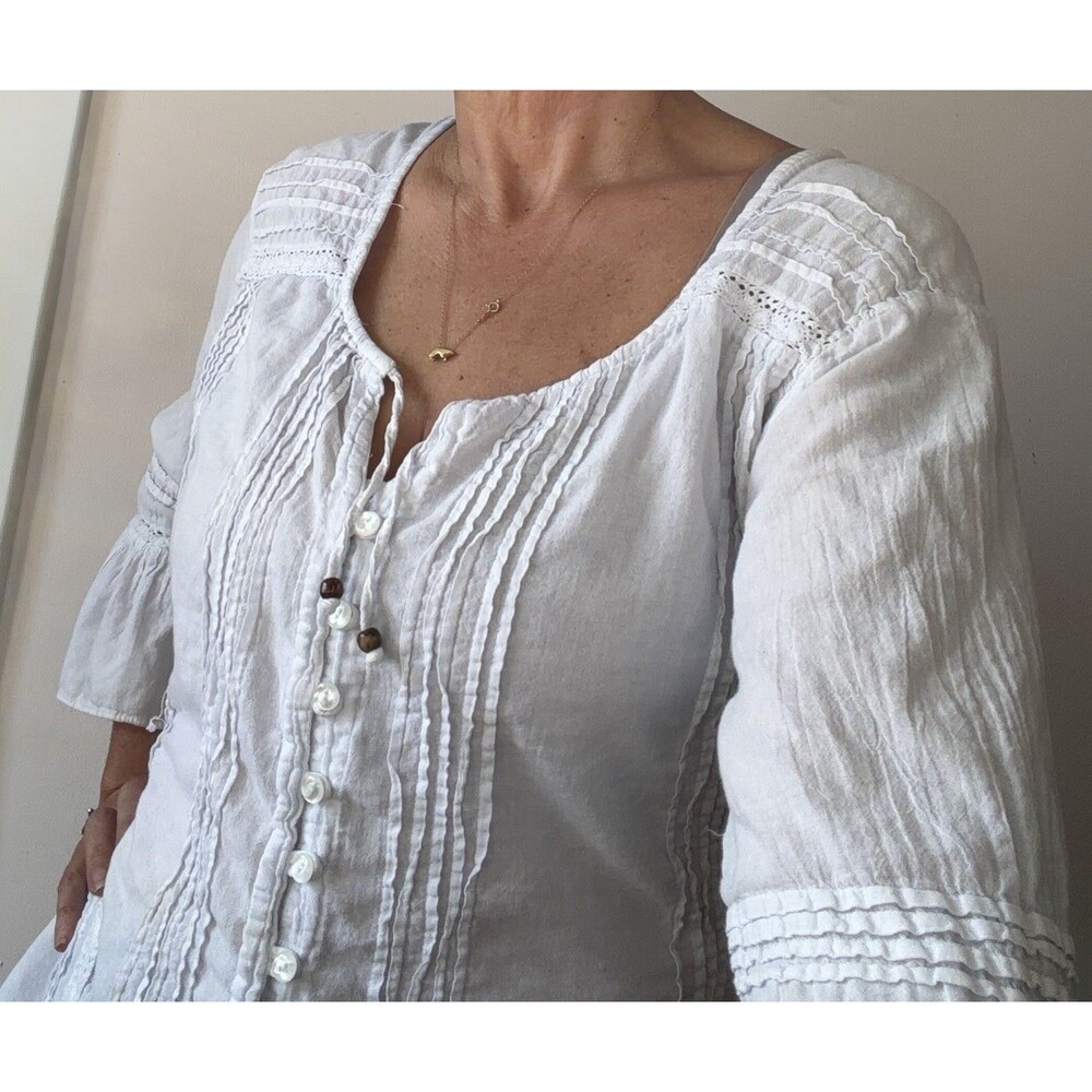 Giocam White Pale Blue Boho Peasant Blouse Hippie Relaxed Top Size Large